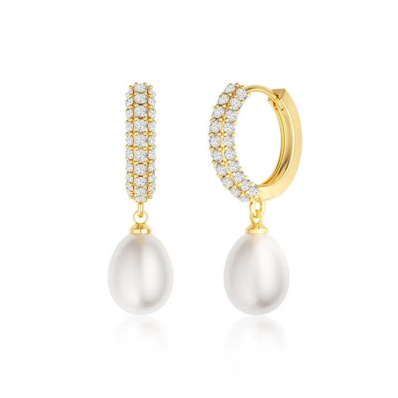 14k Dainty Pave Pearl Drop Earrings
