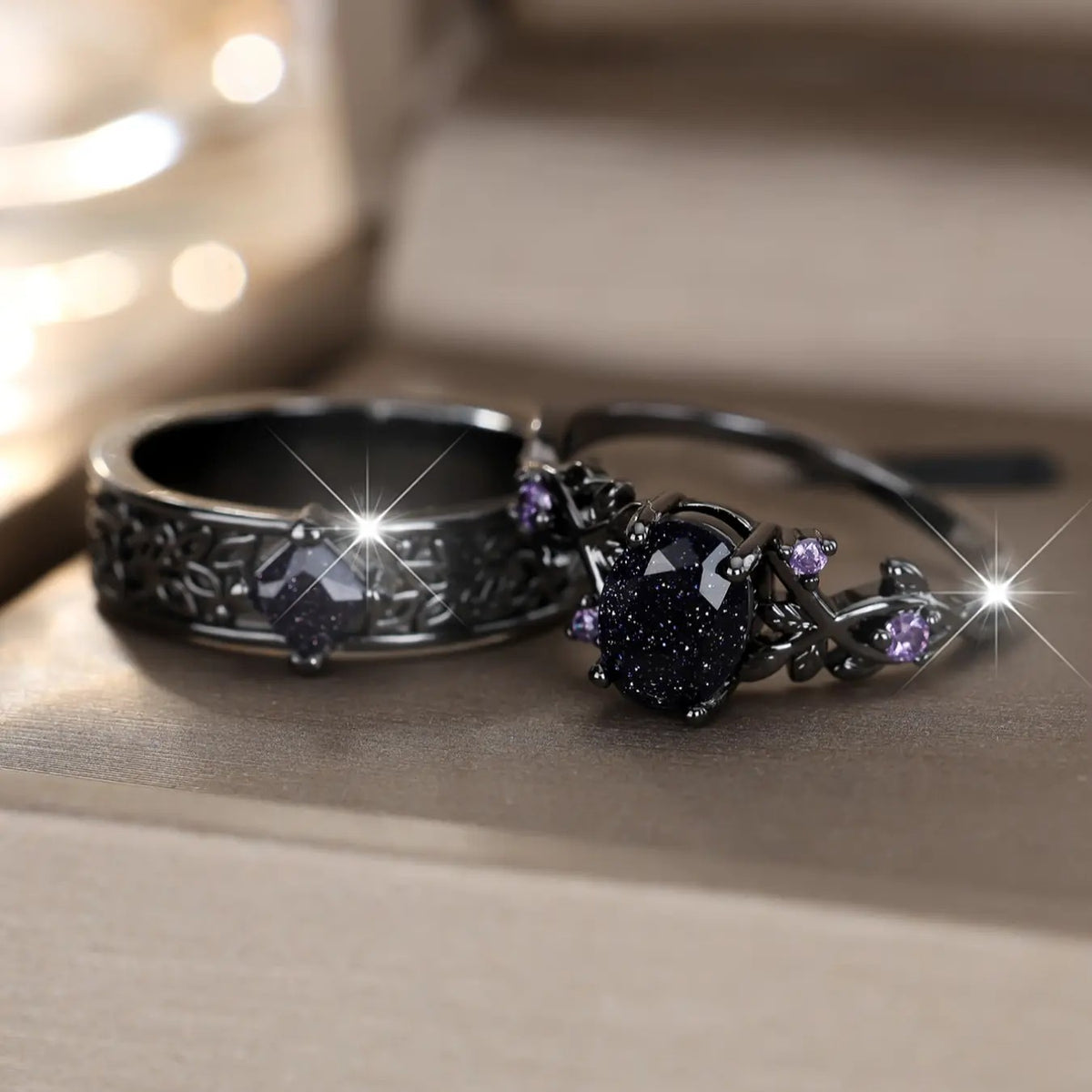 Romantic Blue Starry Gemstone Couple Ring Set