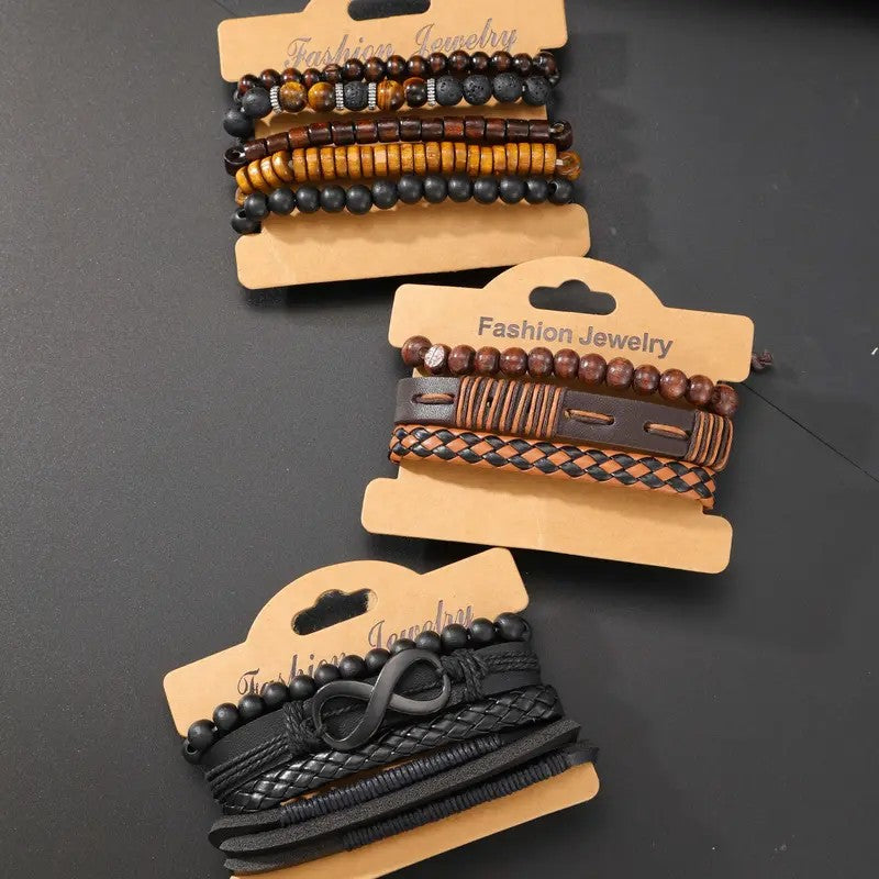 12pc Boho Vintage Leather & Bead Bracelet Set