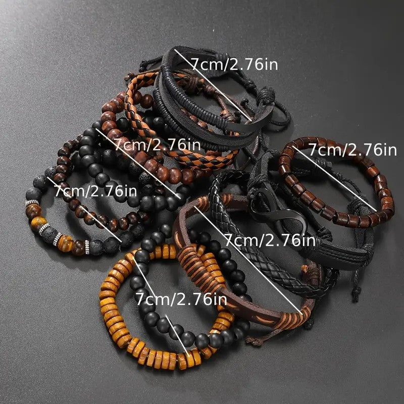 12pc Boho Vintage Leather & Bead Bracelet Set