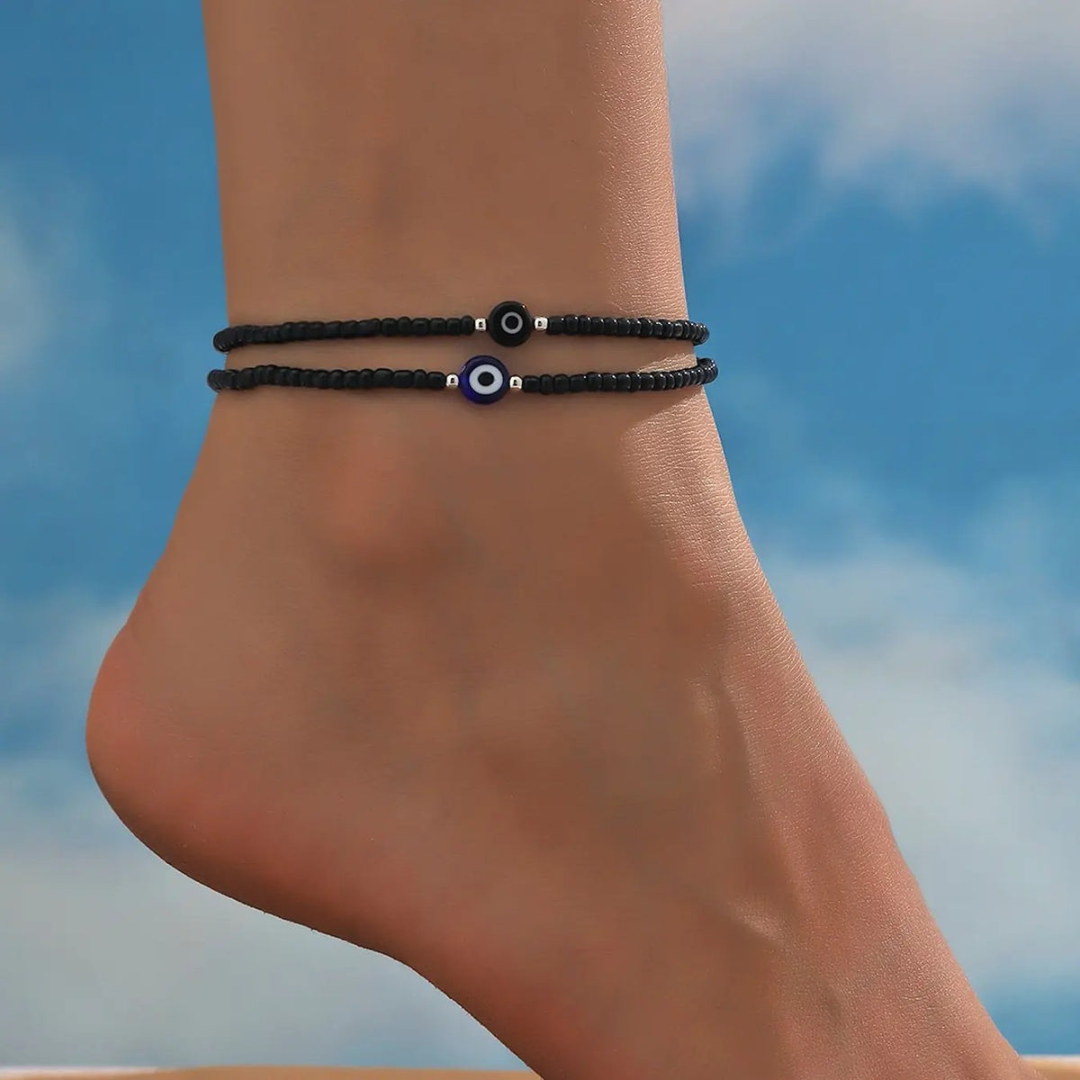 2pc Boho Black Bead Evil Eye Anklet Set