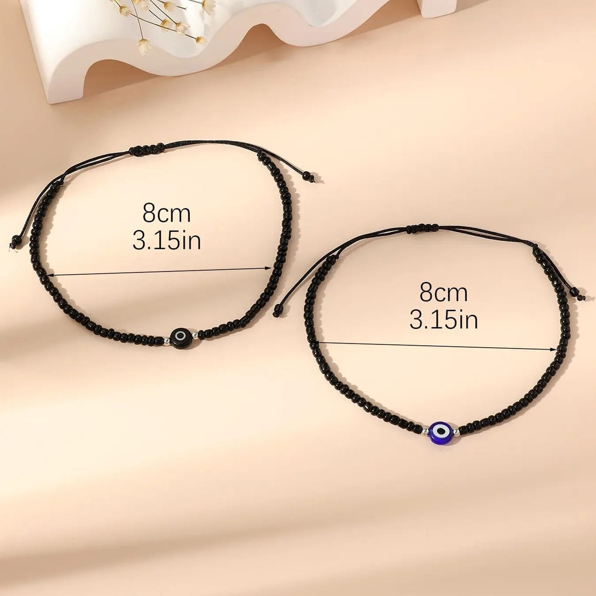 2pc Boho Black Bead Evil Eye Anklet Set