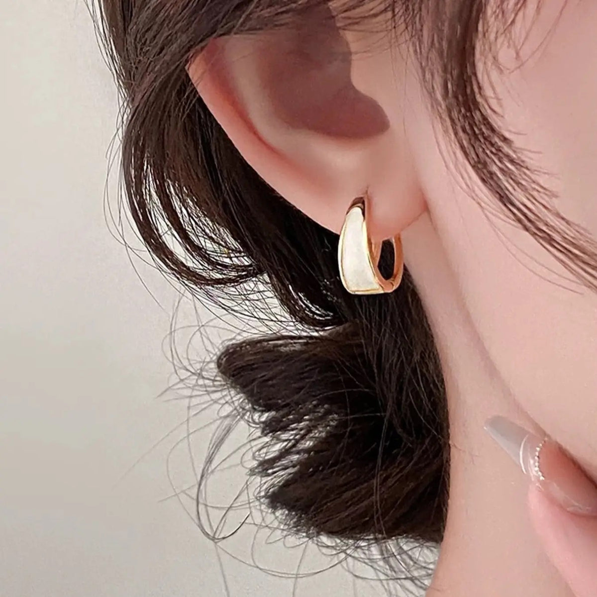 Classy White Enamel Geometric Hoop Earrings