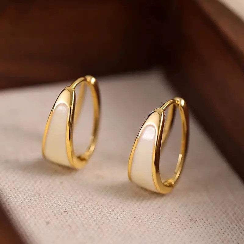 Classy White Enamel Geometric Hoop Earrings