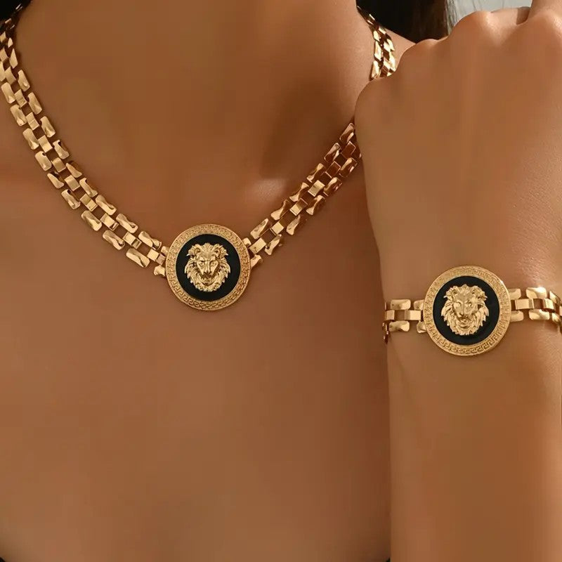 Classy Lion Head Necklace Bracelet Set