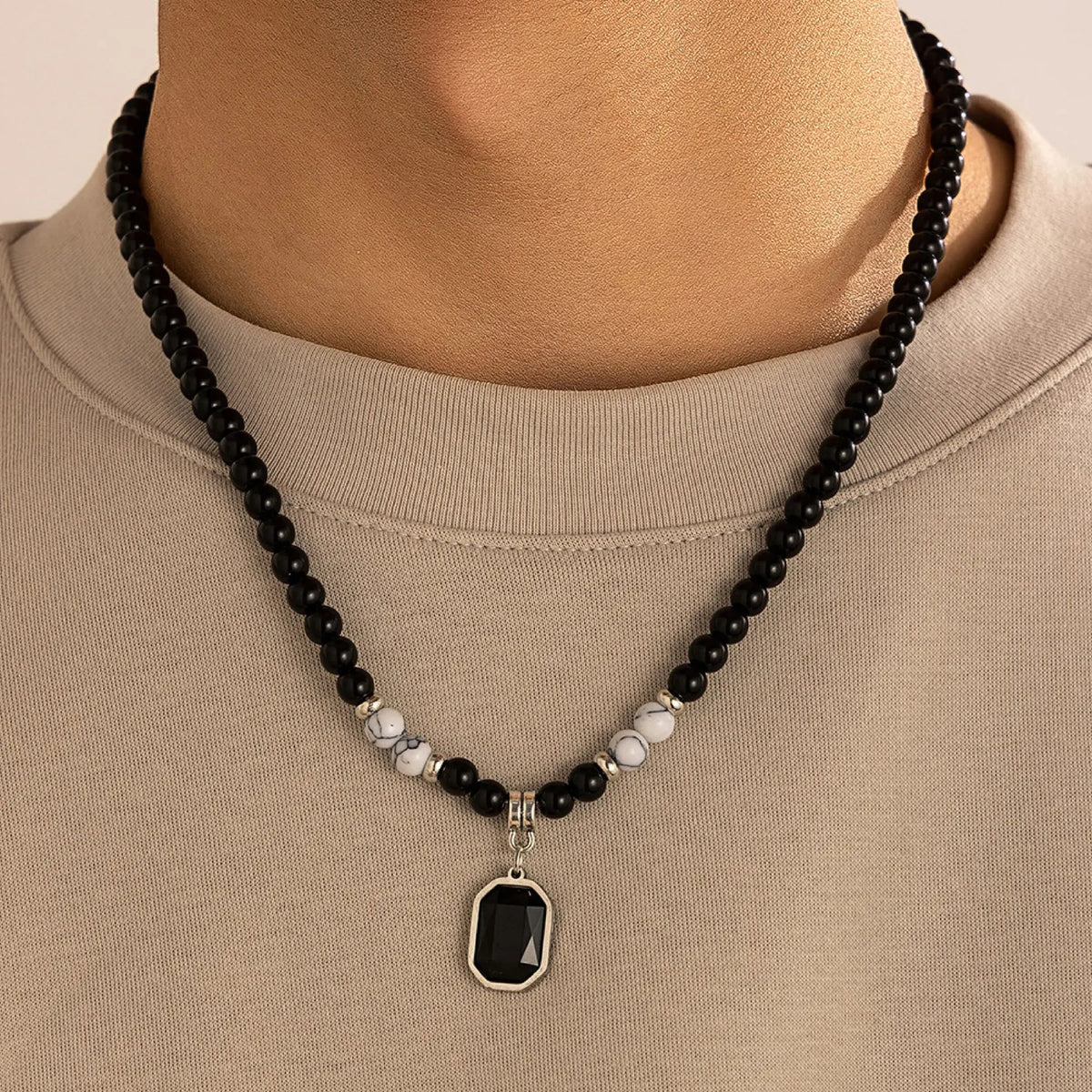 Boho Black Beaded Octagon Stone Necklace