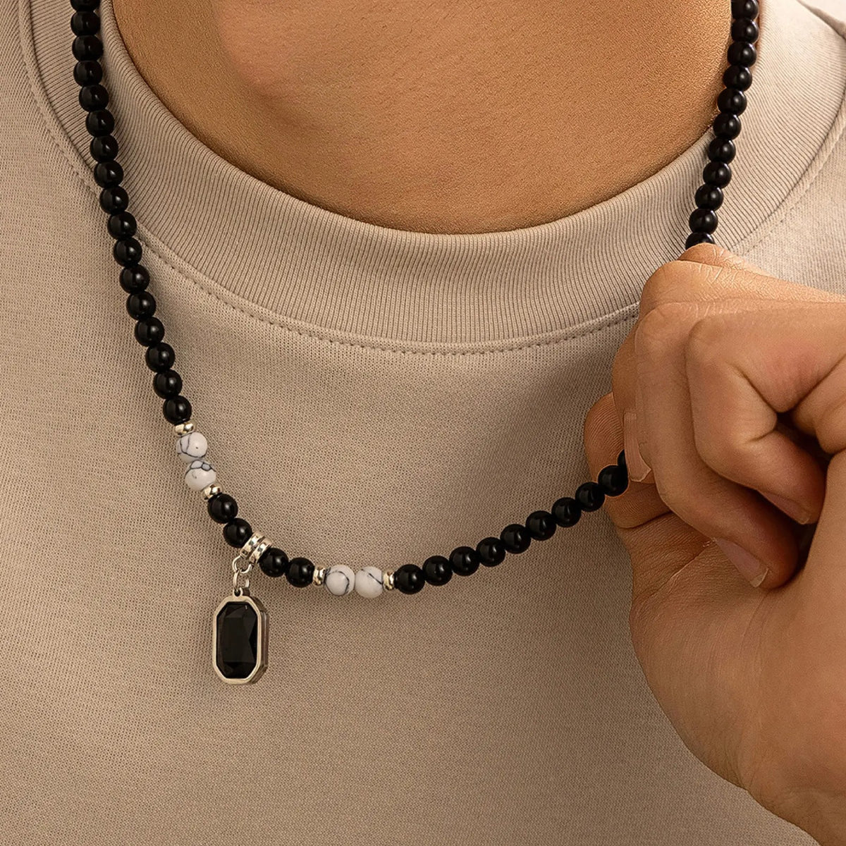 Boho Black Beaded Octagon Stone Necklace