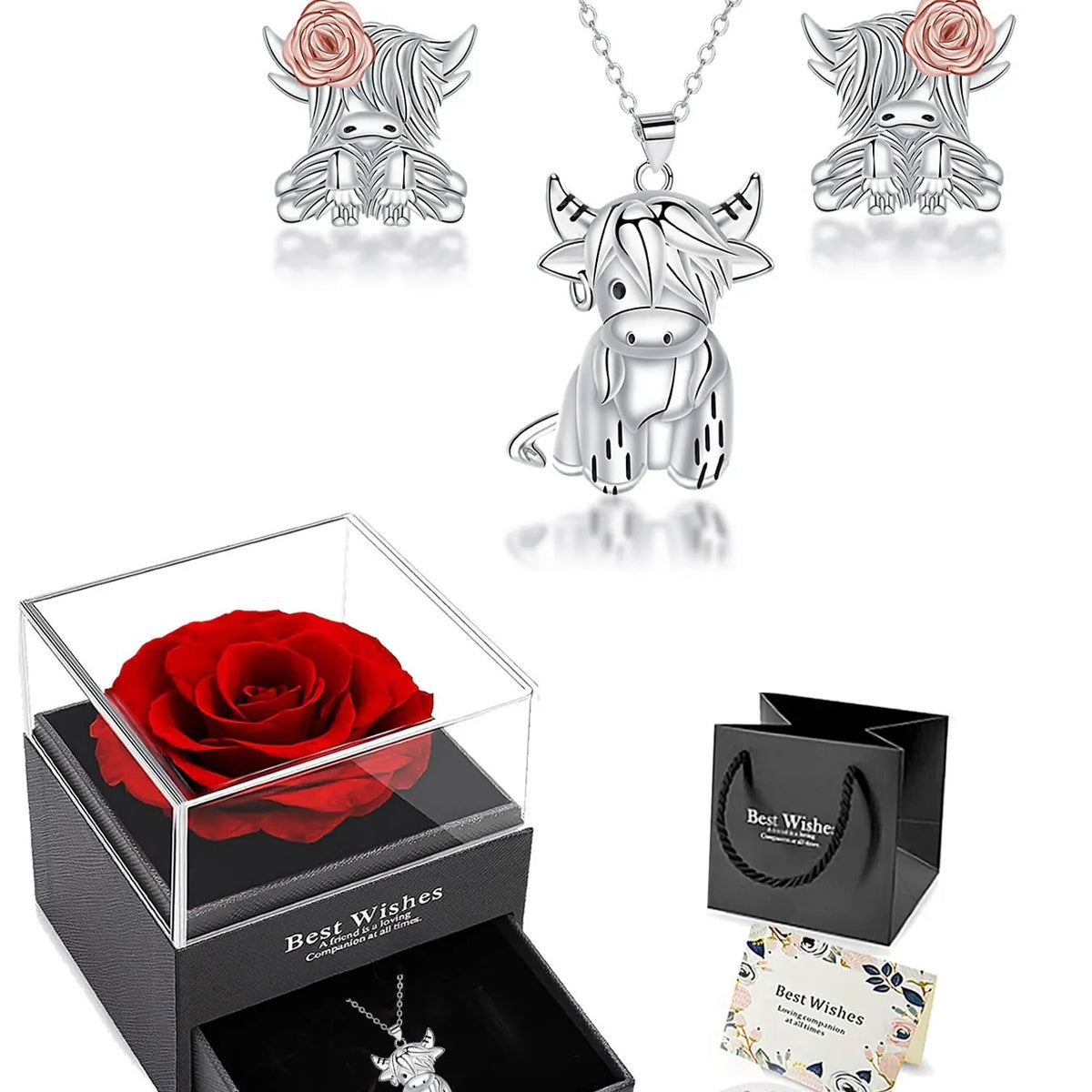 2pc Dainty Highland Cow Necklace And Earring Set