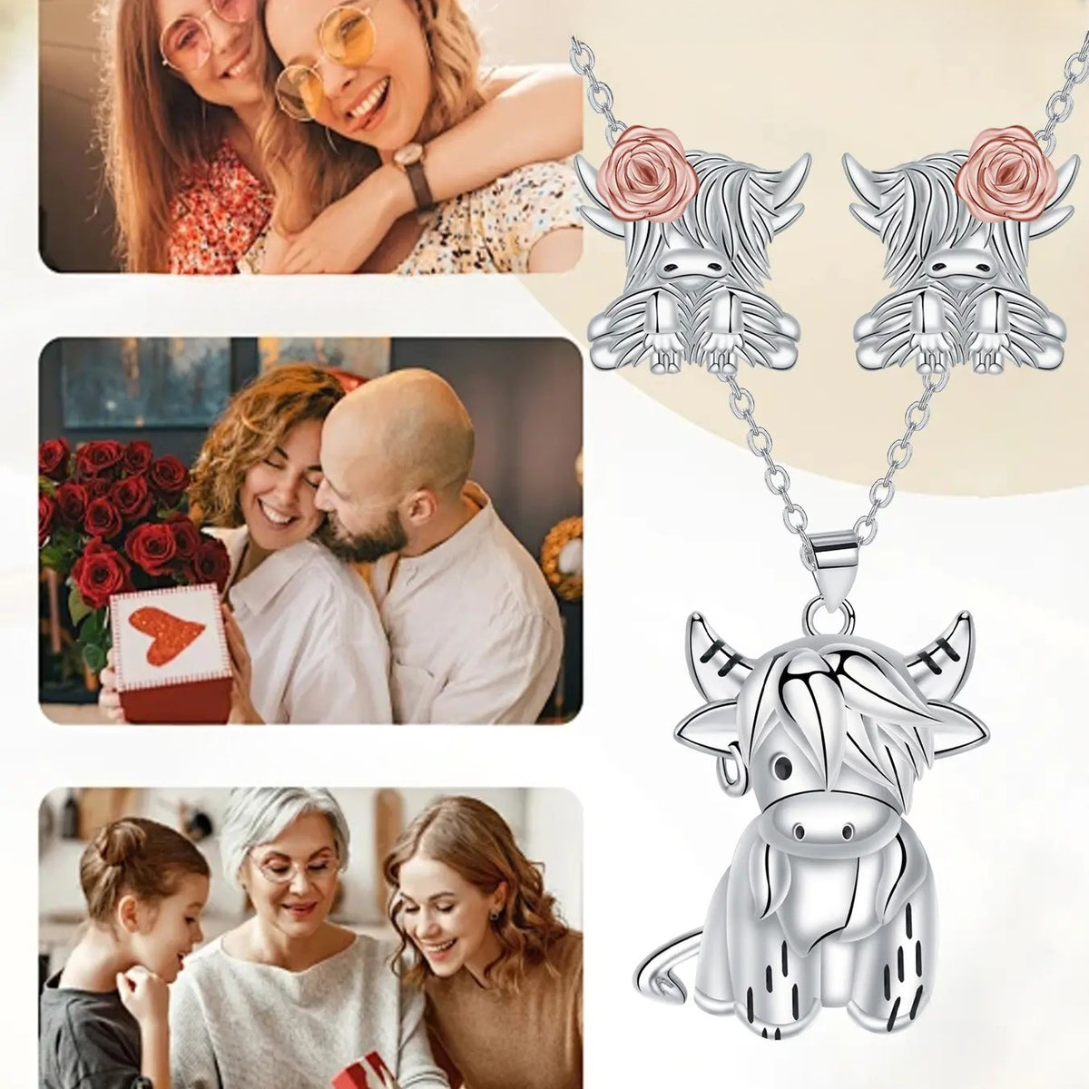 2pc Dainty Highland Cow Necklace And Earring Set