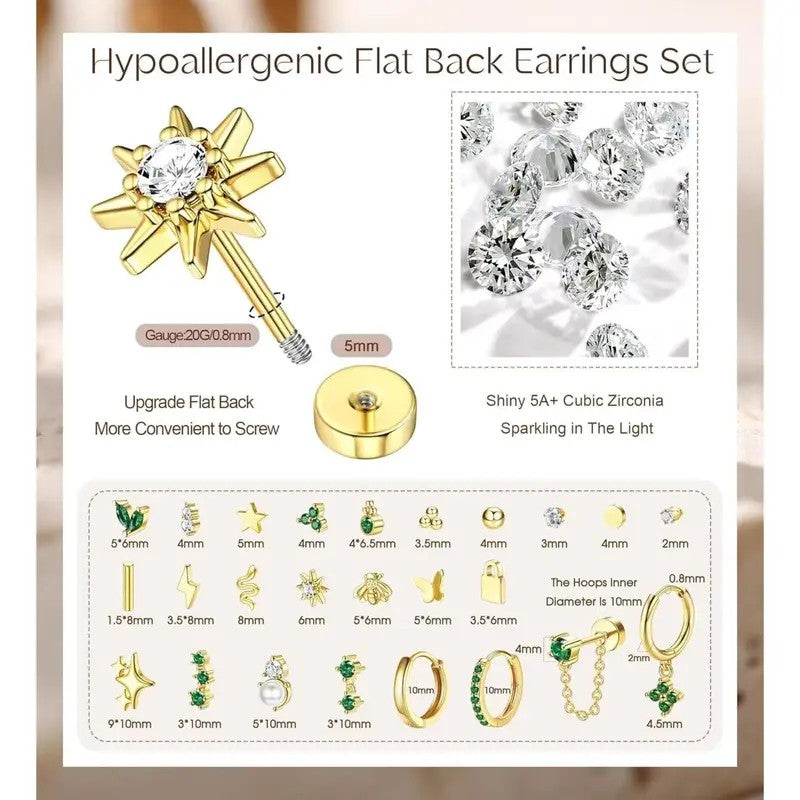 25pc Dainty Mixed Motif Flat Back Earring Set
