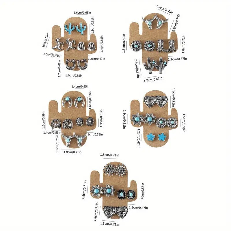 20pc Boho Western Motif Stud Earring Set