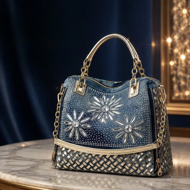 Classy Rhinestone Denim Satchel