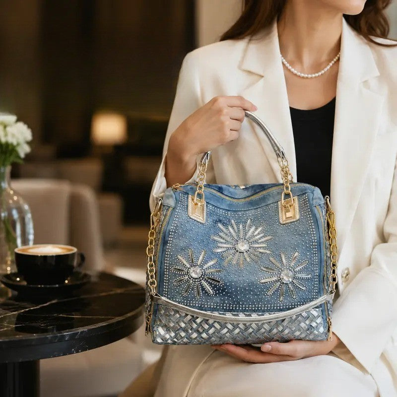 Classy Rhinestone Denim Satchel