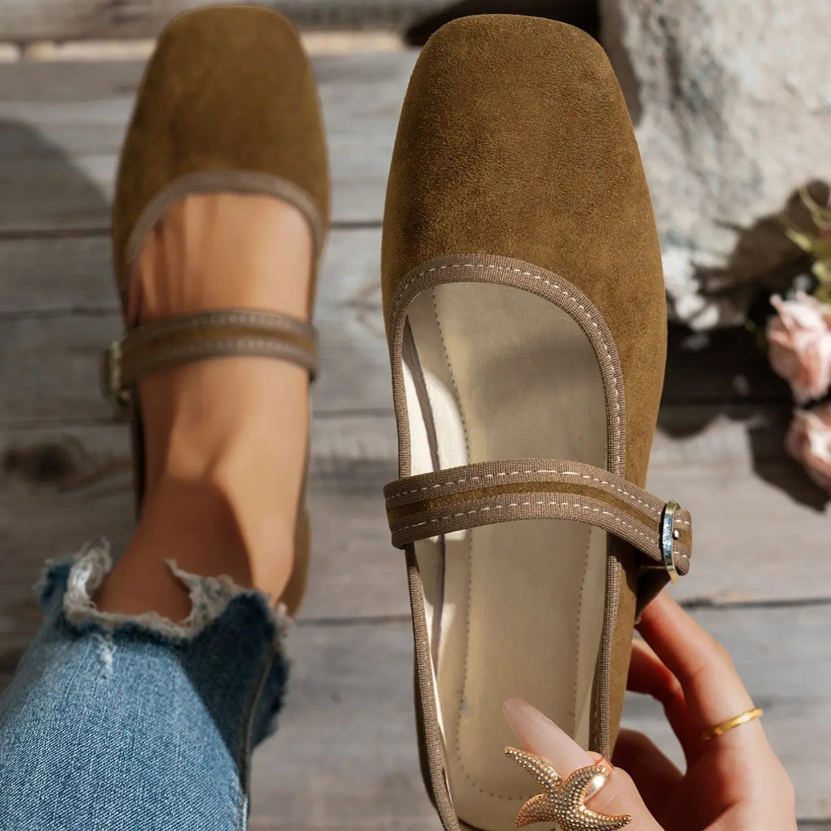 Retro Suede Square Toe Mary Jane Flats