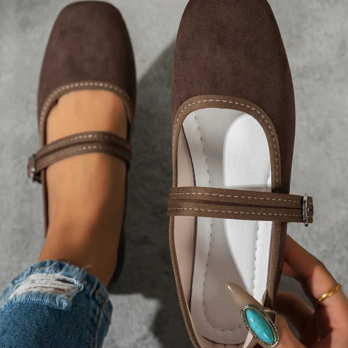Retro Suede Square Toe Mary Jane Flats