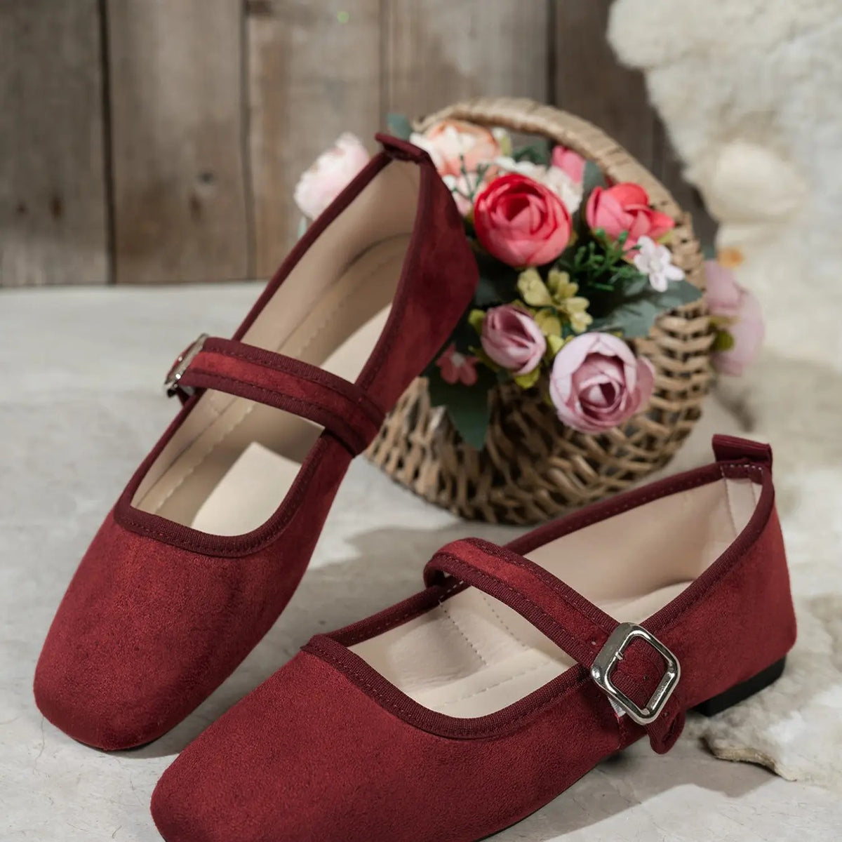 Retro Suede Square Toe Mary Jane Flats