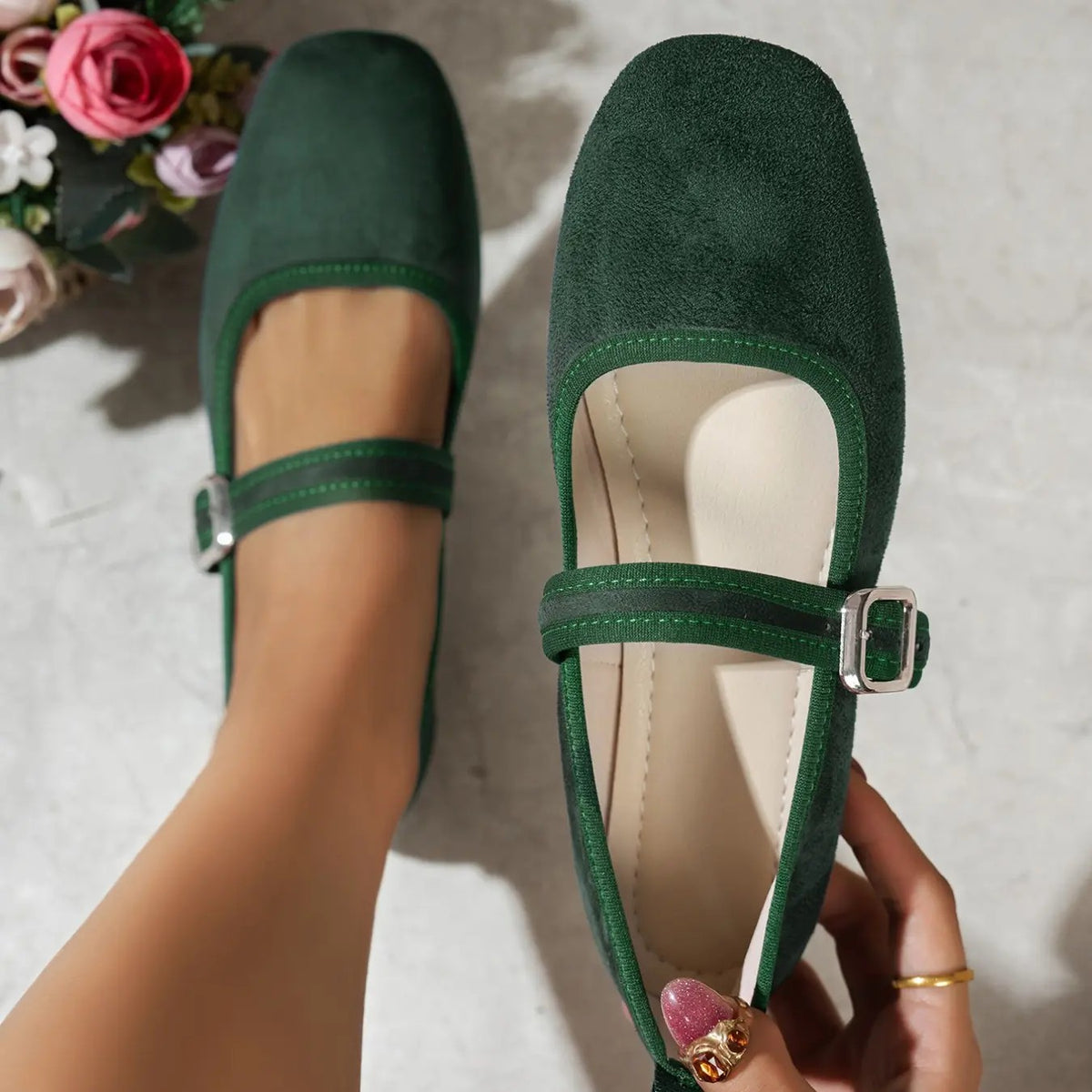 Retro Suede Square Toe Mary Jane Flats