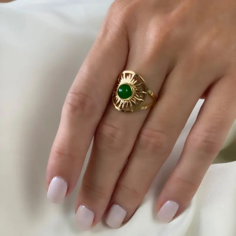 Boho Sunburst Green Stone Ring