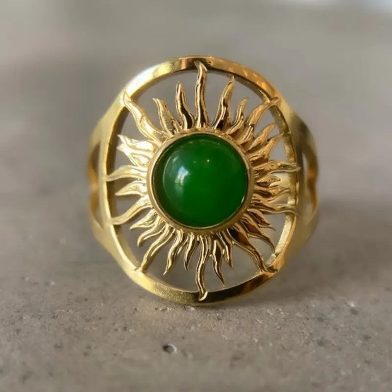 Boho Sunburst Green Stone Ring