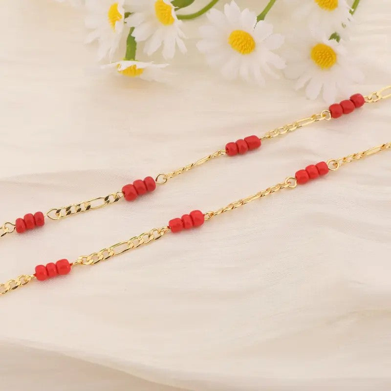 14k Dainty Red Bead Link Bracelet