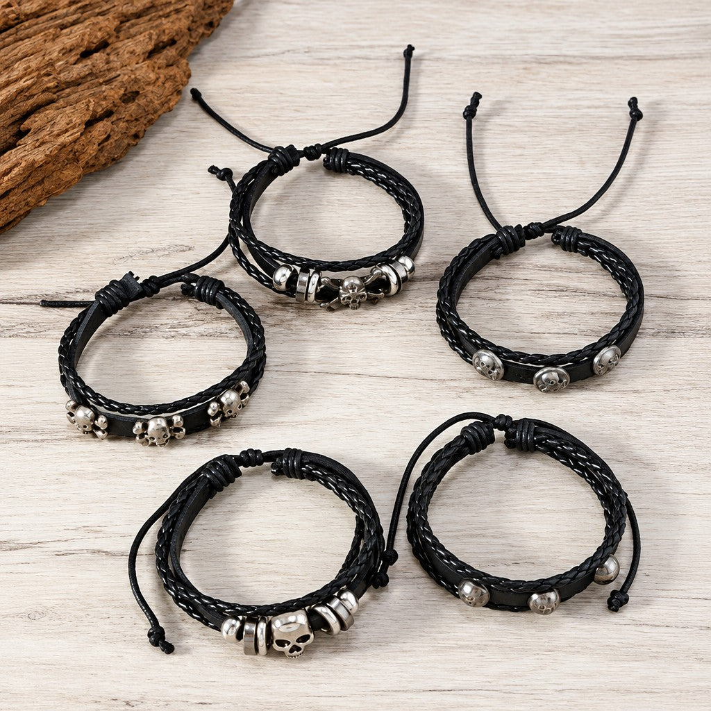 Edgy Punk Skull & Infinity Leather Bracelet Stack