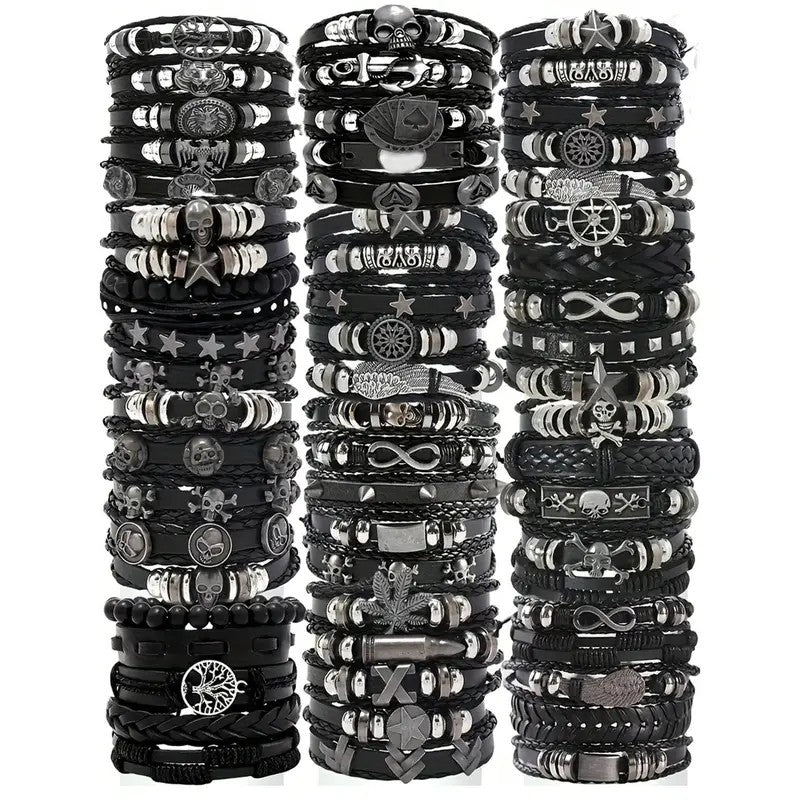 Edgy Punk Skull & Infinity Leather Bracelet Stack
