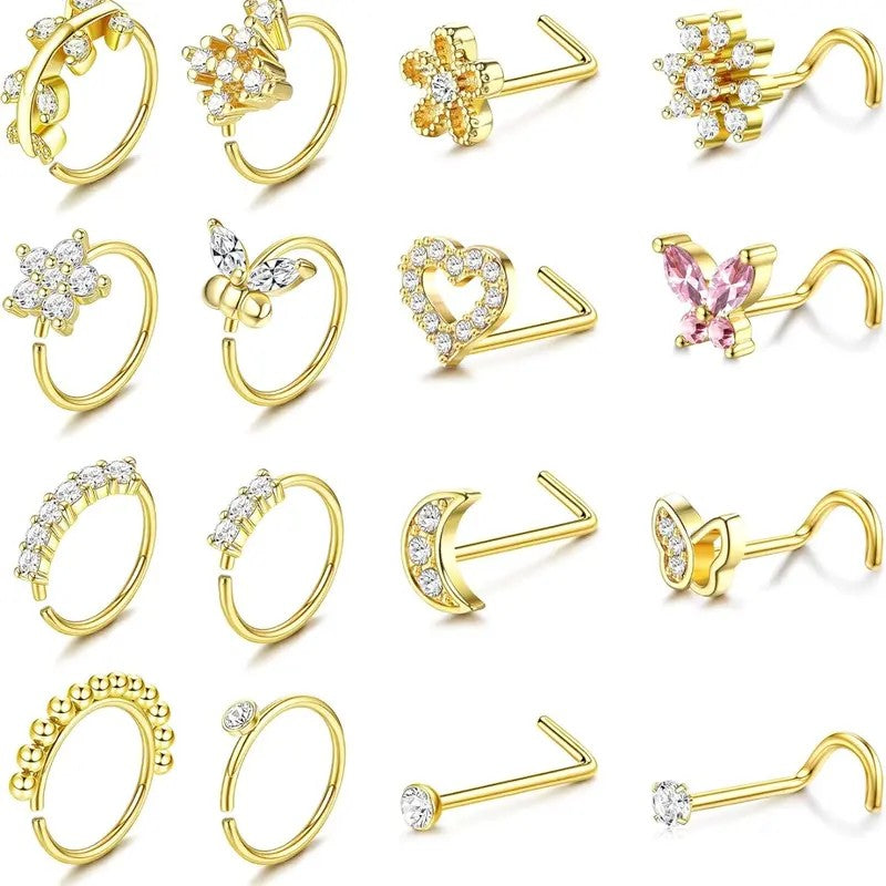 16pc Dainty Floral & Heart Nose Ring Set