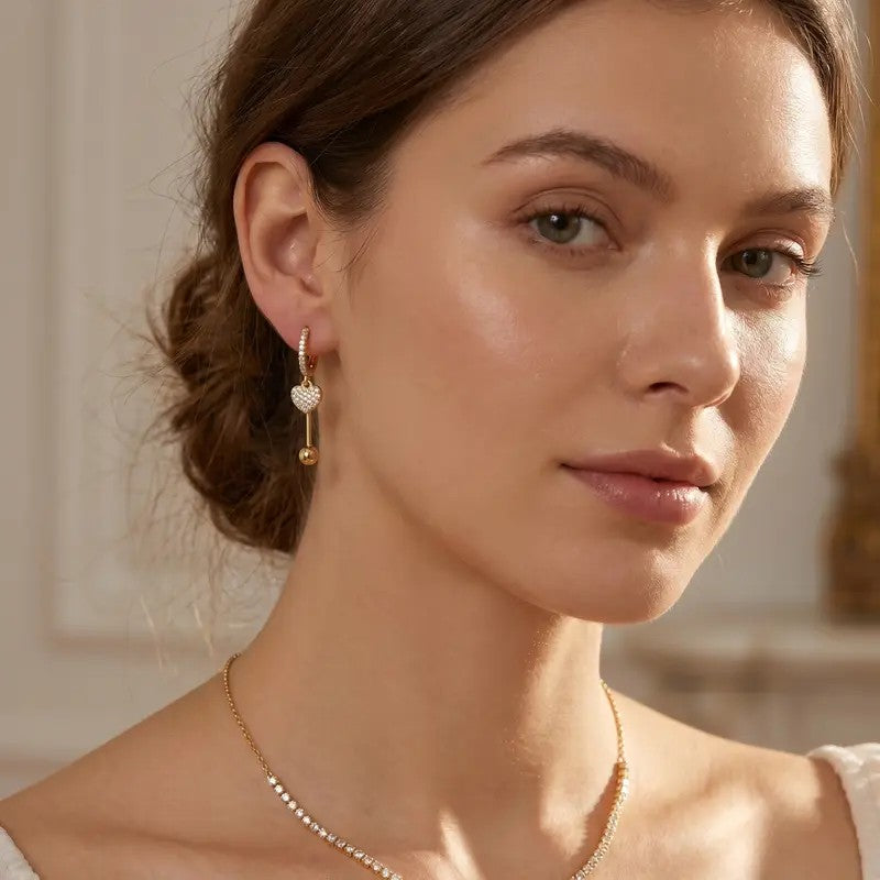 Dainty Pave Heart Drop Hoop Earrings