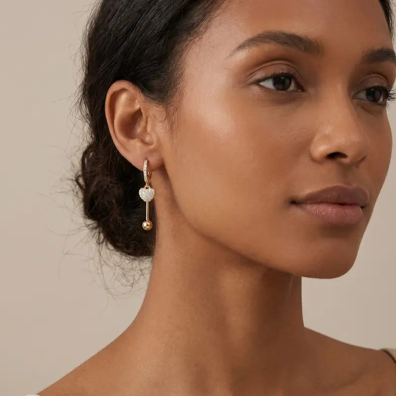 Dainty Pave Heart Drop Hoop Earrings