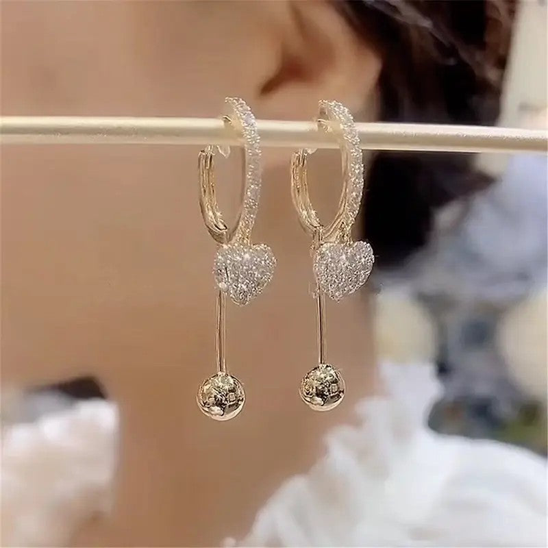 Dainty Pave Heart Drop Hoop Earrings