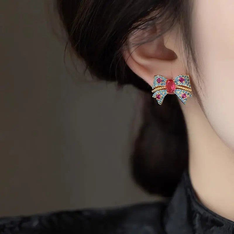 2pc Retro Blue Bow Stud Earrings