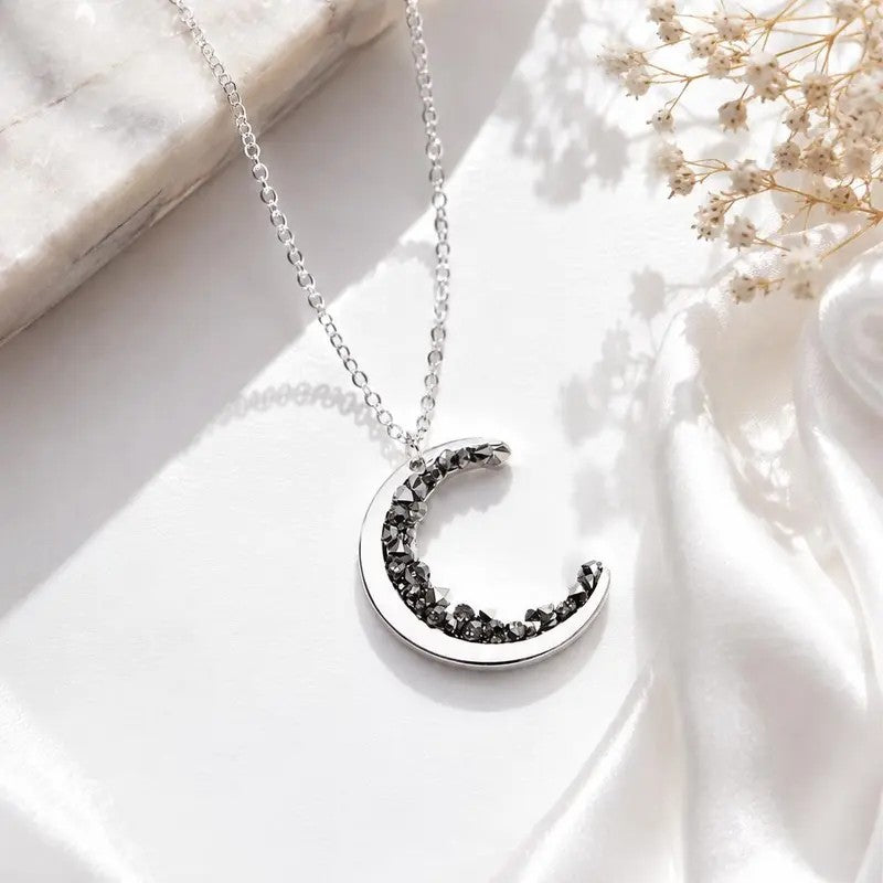 Dainty Black Crystal Crescent Moon Necklace