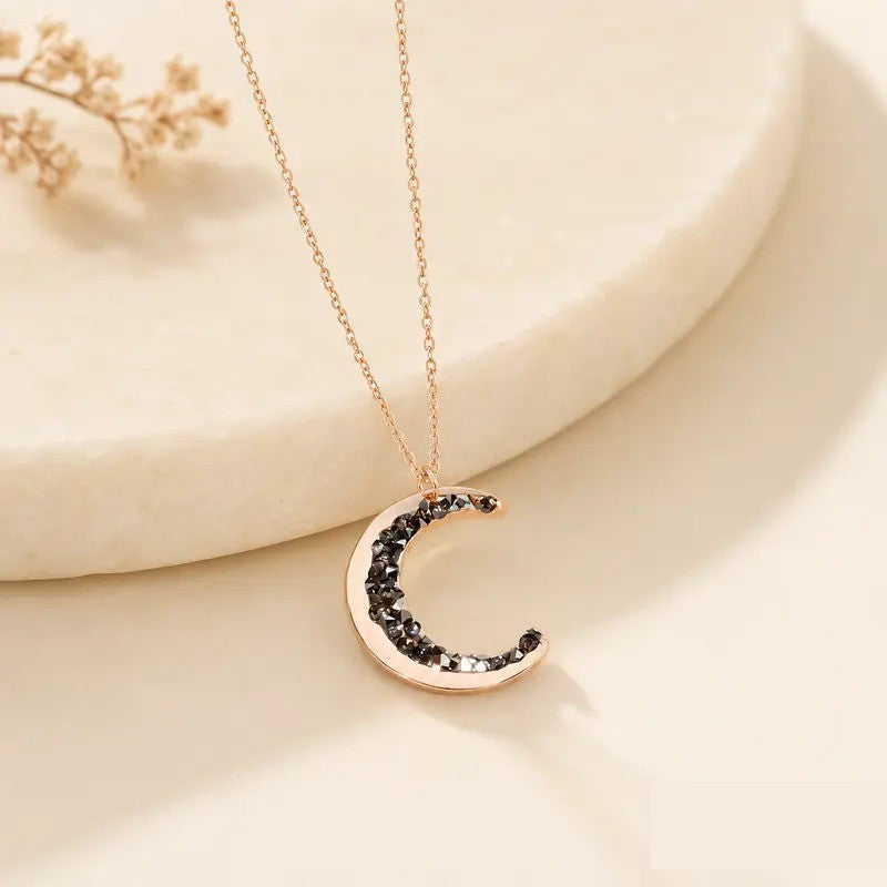 Dainty Black Crystal Crescent Moon Necklace