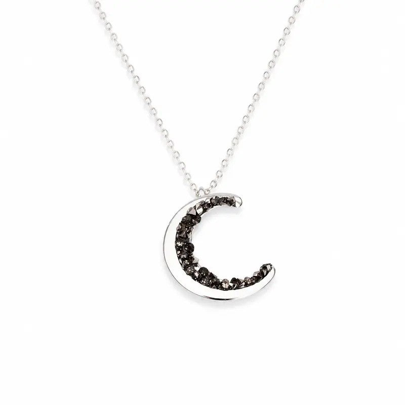 Dainty Black Crystal Crescent Moon Necklace