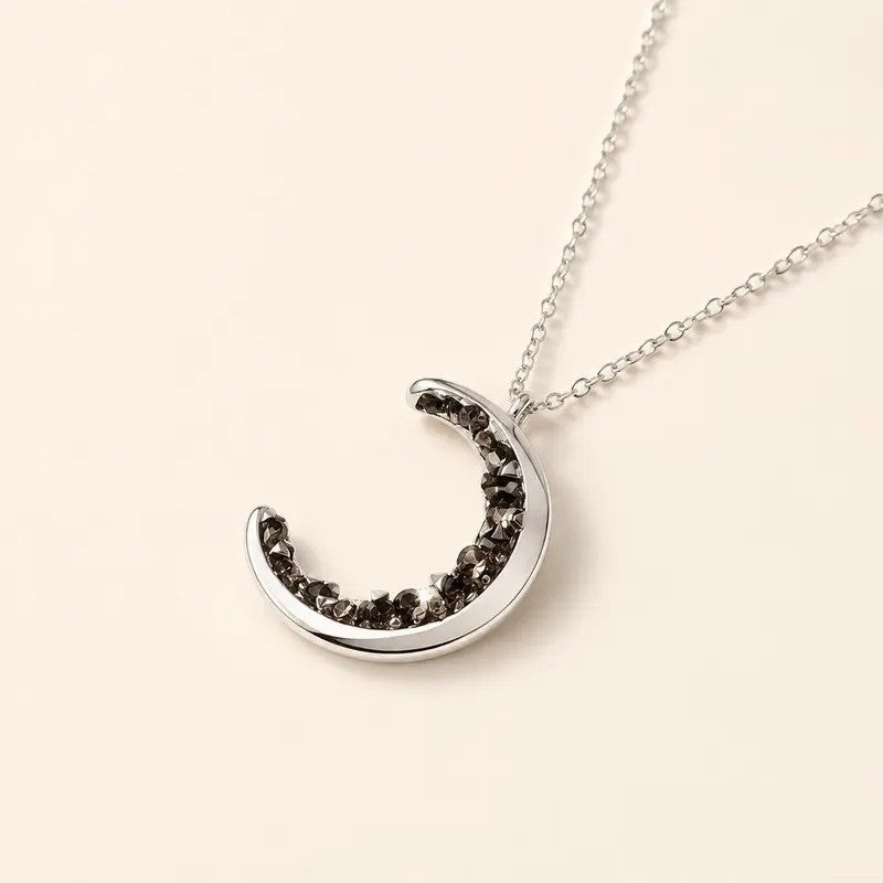Dainty Black Crystal Crescent Moon Necklace