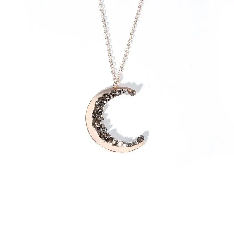 Dainty Black Crystal Crescent Moon Necklace
