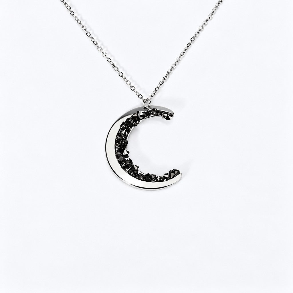 Dainty Black Crystal Crescent Moon Necklace