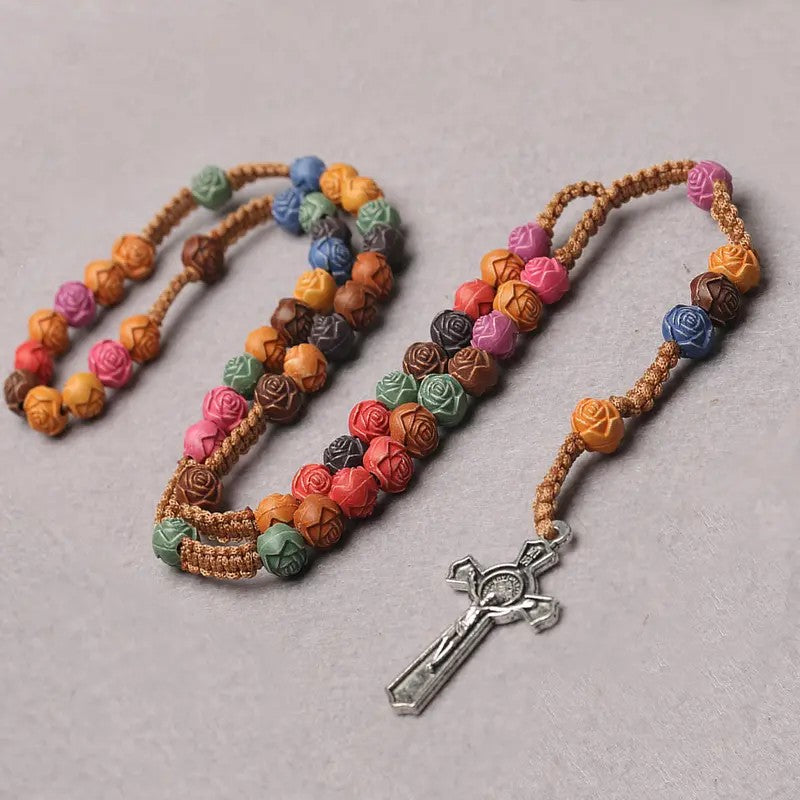 Boho Multicolor Rose Bead Rosary Necklace