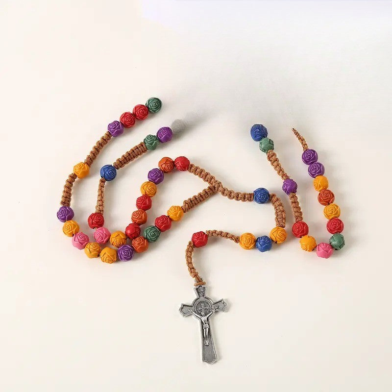 Boho Multicolor Rose Bead Rosary Necklace