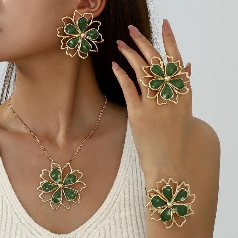 4pc Elegant Green Floral Necklace, Earring, Ring & Bracelet Set