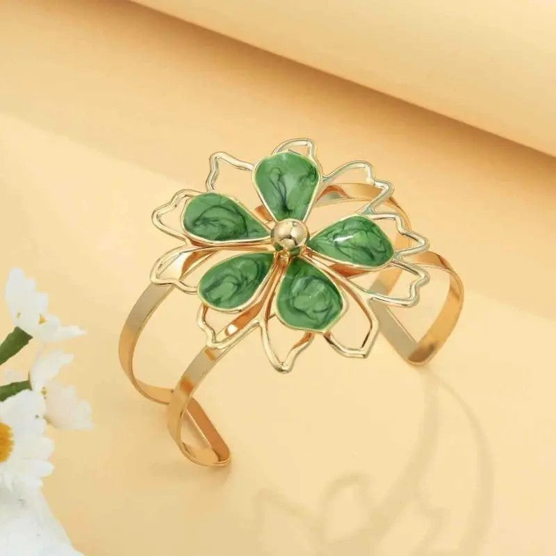 4pc Elegant Green Floral Necklace, Earring, Ring & Bracelet Set