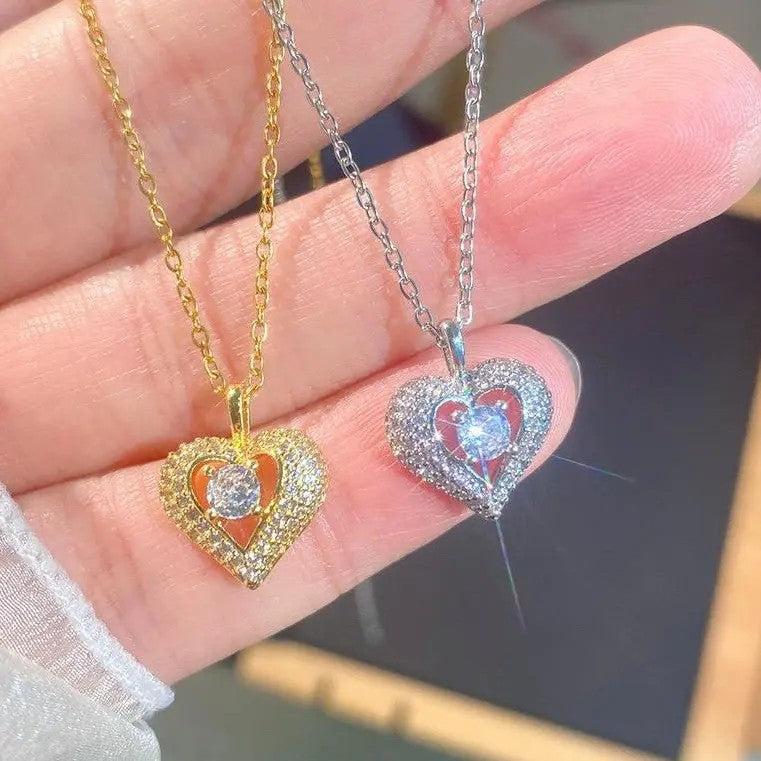 2pc Romantic Pave Heart Necklace Set