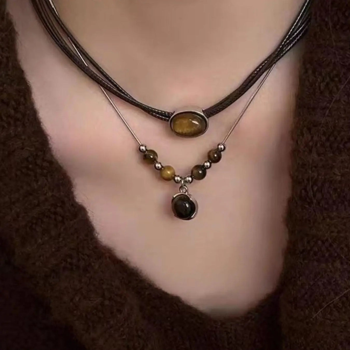 4pc Retro Tiger Eye & Star Necklace Set