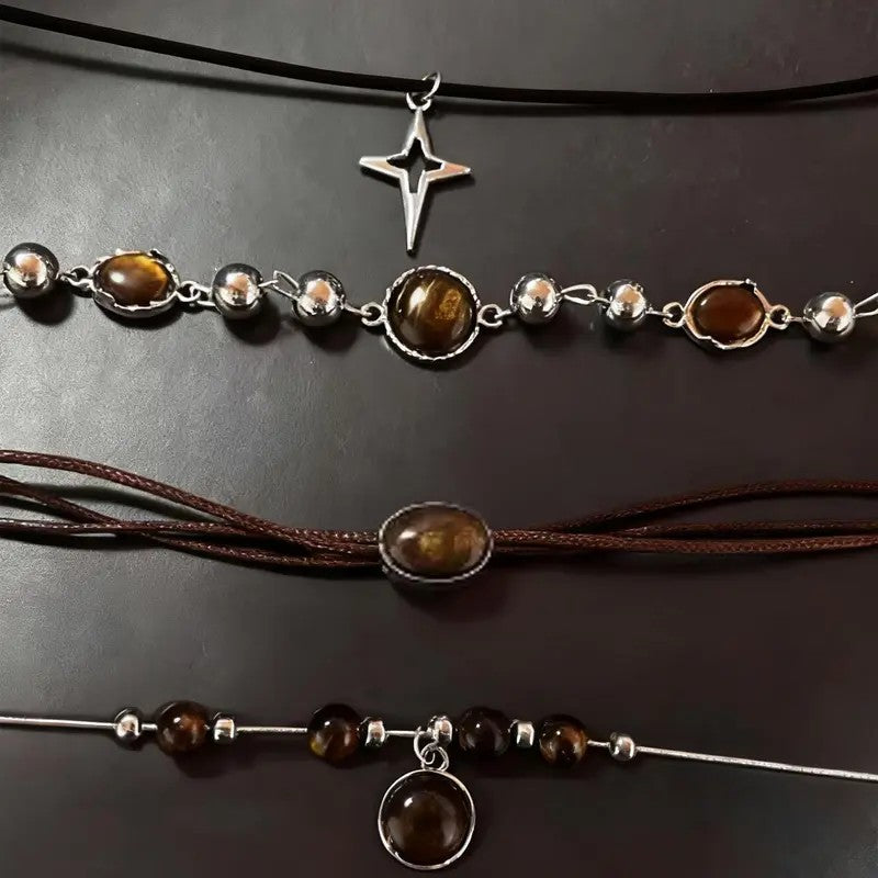 4pc Retro Tiger Eye & Star Necklace Set
