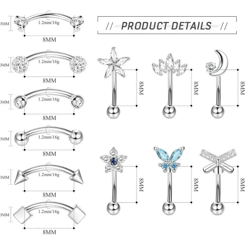 12pc Dainty CZ Curved Barbell Set