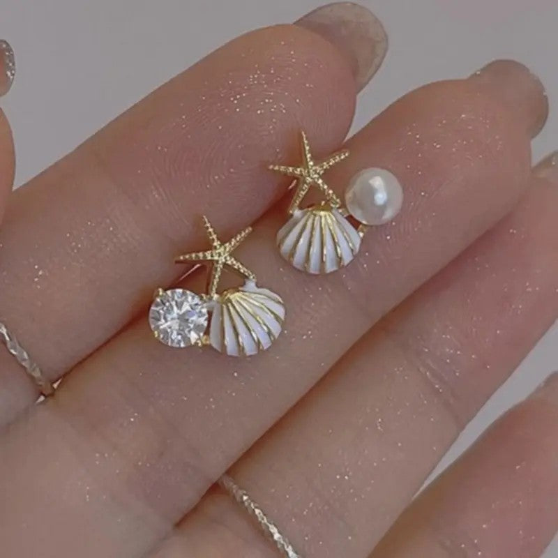 Dainty Starfish Shell Pearl Earrings