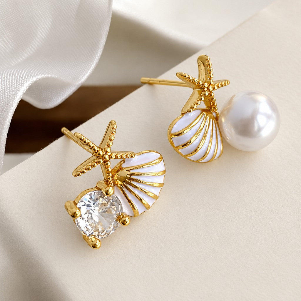 Dainty Starfish Shell Pearl Earrings