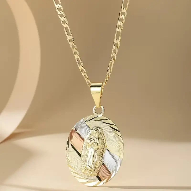 14k Elegant Tri-Color Virgin Mary Necklace