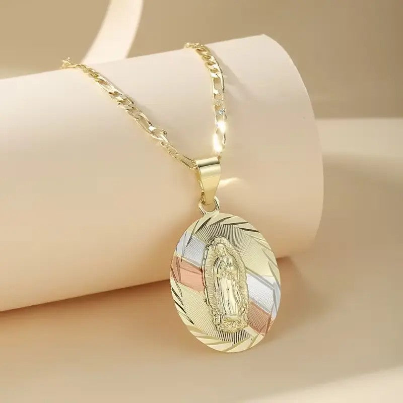 14k Elegant Tri-Color Virgin Mary Necklace