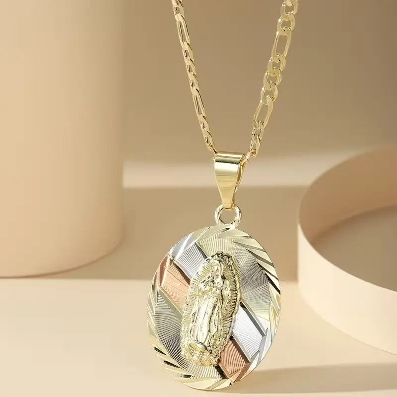 14k Elegant Tri-Color Virgin Mary Necklace